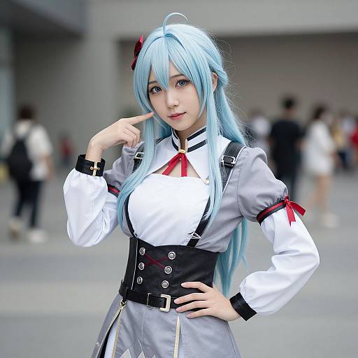 Digital anime-style photograph of a blue-haired girl in a white and gray cosplay outfit with red ribbons, pointing at her cheek, with a blurred outdoor