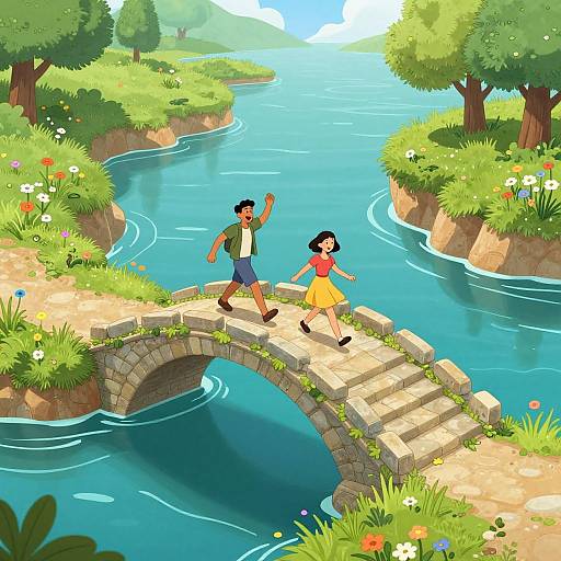 Illustration of a sunny, vibrant scene: a man and woman walk across a stone bridge over a blue, winding river, surrounded by lush greenery