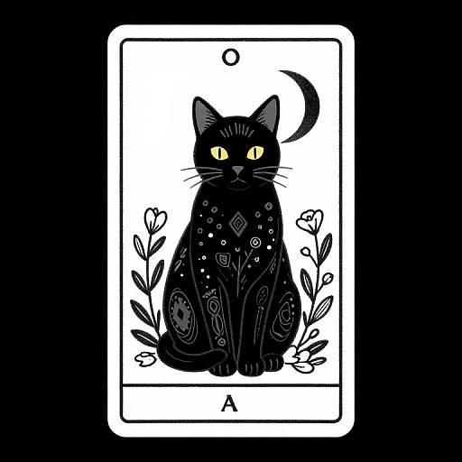 Digital drawing of a black cat with yellow eyes, adorned with star and pattern designs, sitting in a white card with a crescent moon and flowers,