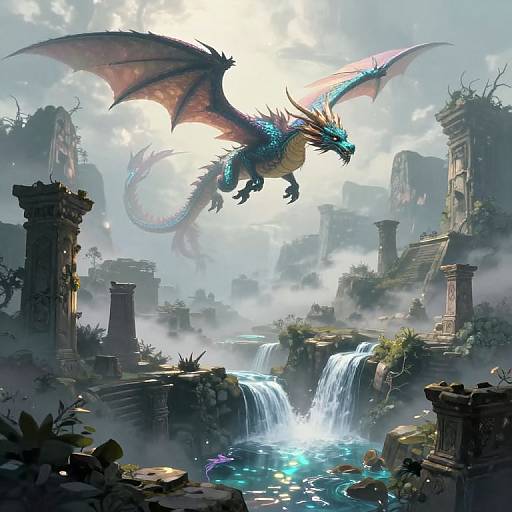 Digital fantasy artwork of a majestic, blue and red dragon with glowing scales soaring over a misty, ancient ruins landscape with cascading waterfalls and lush