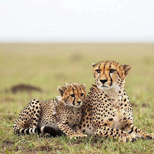 Cheetah and Cub Resting on Grass in Savanna