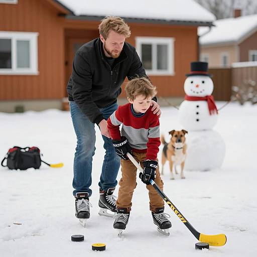 Father Teaching Son Ice Hockey Outdoors
