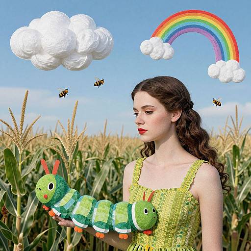 Photograph of a fair-skinned woman with red lipstick and dark hair, wearing a yellow, textured dress, holding a green caterpillar plushie,