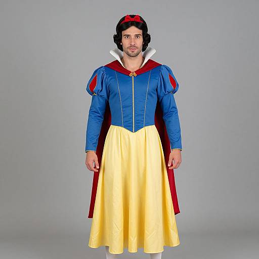 Photograph of a man with medium skin tone, black hair, and beard, wearing a blue and yellow Snow White costume with red cape.