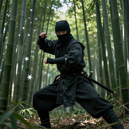 Photograph of a ninja in black gear, mask, and gloves, mid-fighting stance, surrounded by tall bamboo trees, with glowing star effects.