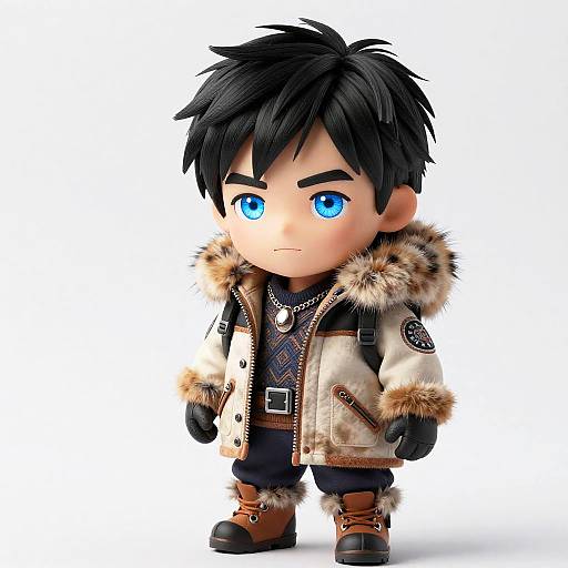 Chibi-style digital illustration of a boy with black hair, blue eyes, wearing a fur-trimmed winter coat, black gloves, boots, and