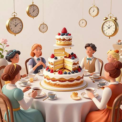 Digital illustration of four Victorian women with styled hair, wearing dresses, sitting around a table with a layered cake topped with fruit, surrounded by hanging clocks,