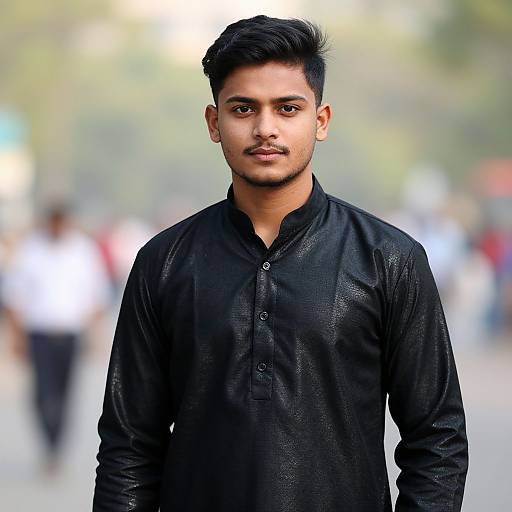 Photograph of a young Indian man with dark hair, mustache, and brown skin, wearing a black textured kurta, standing outdoors with a blurred
