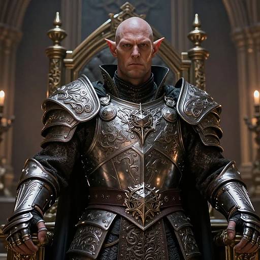 Photograph of a bald, stern-faced elf in ornate, reflective silver armor, standing in a dimly lit, Gothic-style throne room.
