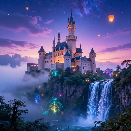 Digital fantasy artwork of a majestic castle with tall spires, glowing lights, and a waterfall beneath a starry, twilight sky.