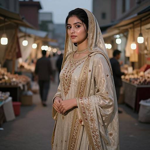 Photograph of an Indian woman in a golden-embroidered beige traditional saree and veil, standing in a busy evening market with blurred lights and