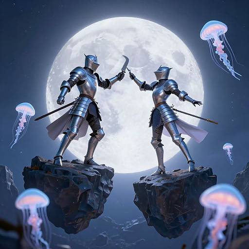Digital art of two armored knights with swords standing on rocky cliffs under a full moon, surrounded by glowing jellyfish.