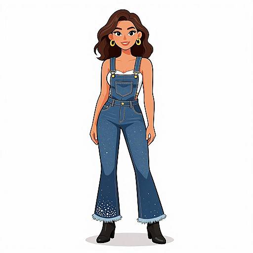 Retro Woman in Rhinestone Denim Overalls