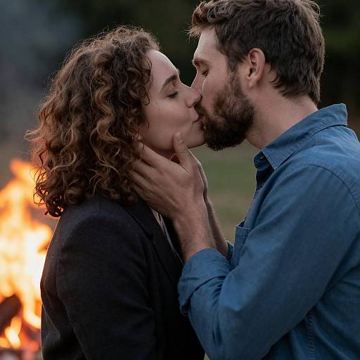 Firelit Kiss: Curly Woman and Bearded Man