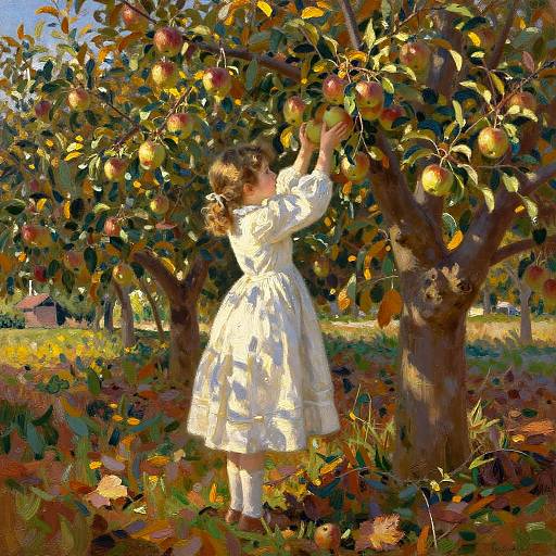 Impressionist-style painting of a young girl in a white dress, reaching for apples in a sunlit orchard with vibrant autumn leaves.