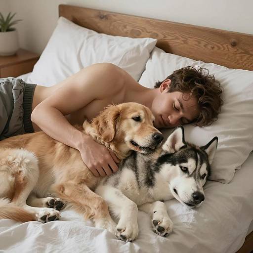 Young Man Hugging Golden Retriever and Husky in Bed