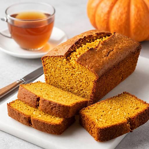 Photograph of a golden-brown, moist pumpkin loaf with three slices, beside a glass of tea and an orange pumpkin.