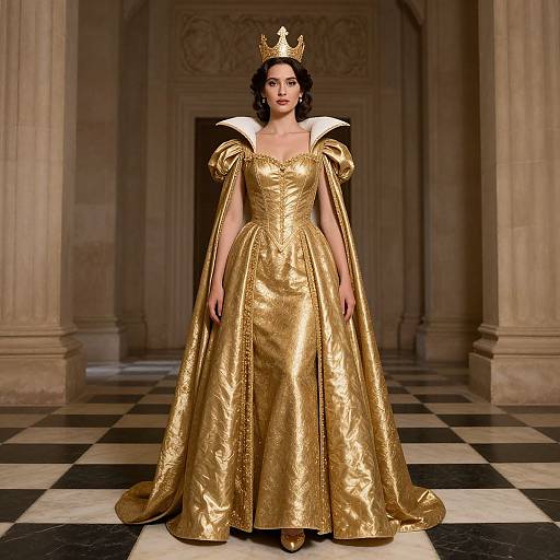 Photograph of a dark-haired woman in a golden, medieval-style gown with white fur collar, golden crown, standing in an ornate, checkered