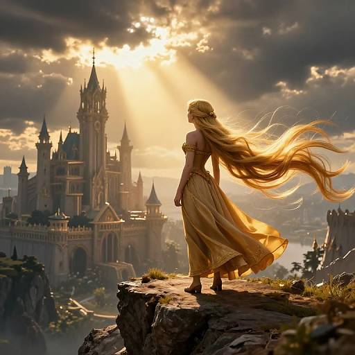 Digital fantasy artwork of a long-haired woman in a flowing dress, standing on a cliff, gazing at a sunlit, towering castle in the distance
