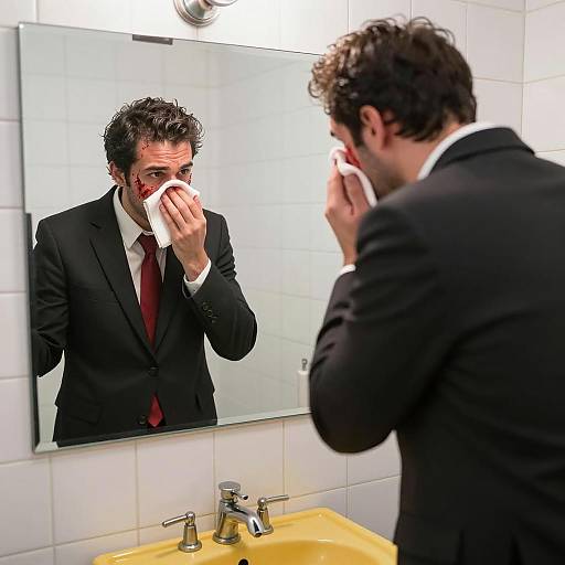Man in Suit Wiping Blood from Face in Bathroom