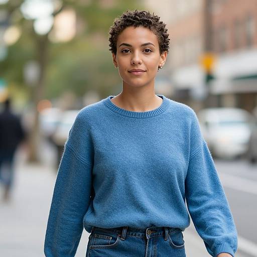 Photograph of a young Black woman with short curly hair, wearing a blue sweater and jeans, standing on a blurred urban street.