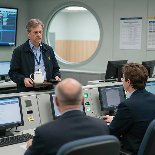 Men in Control Room with Monitors