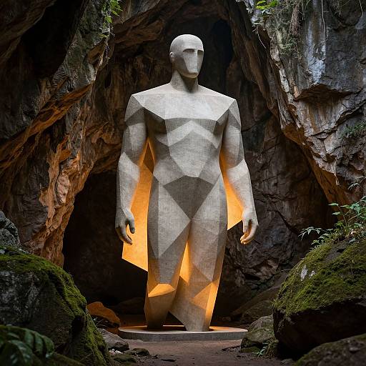 Photograph of a geometric, white, faceless, human-like statue illuminated by orange light, standing in a dark, rocky cave with moss-covered walls
