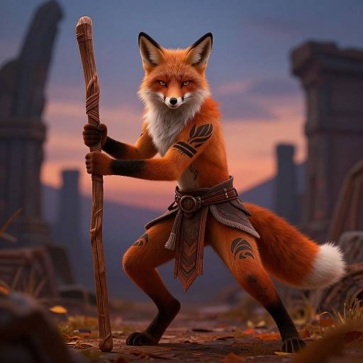Digital artwork of an anthropomorphic fox with orange fur, tribal tattoos, and a wooden staff, standing in a sunset ruins landscape.