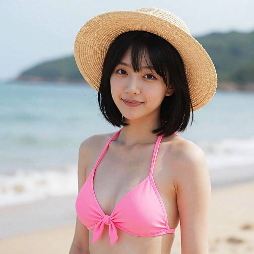 Photograph of an Asian woman with black bob haircut, wearing a pink bikini and straw hat, smiling on a sunny beach.
