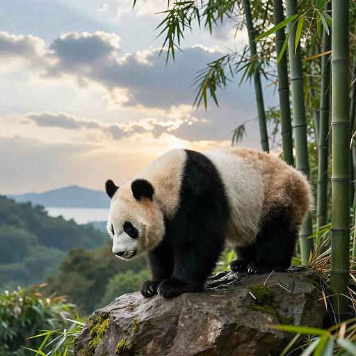 Photograph of a panda standing on a moss-covered rock in a bamboo forest, with a cloudy sky and distant mountains.
