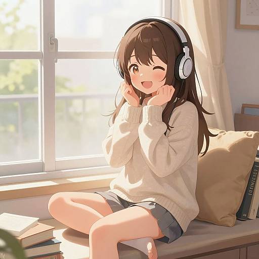 Anime-style digital drawing of a cute, brown-haired girl in a white sweater and gray shorts, winking and smiling while sitting by a sunlit window