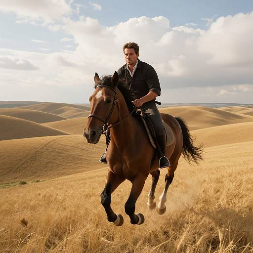Photograph of a man in black riding a brown horse through golden, rolling hills under a bright, partly cloudy sky.