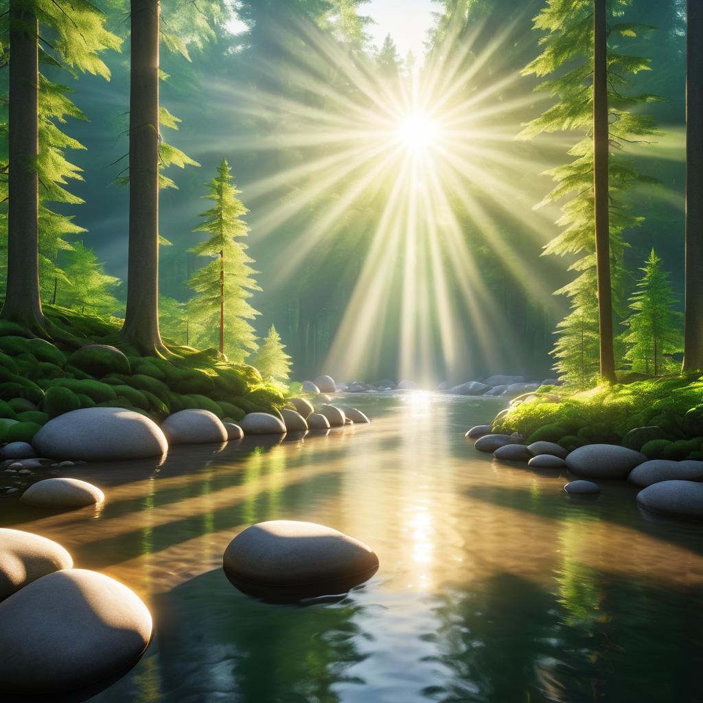 Tranquil Forest at Sunrise with River