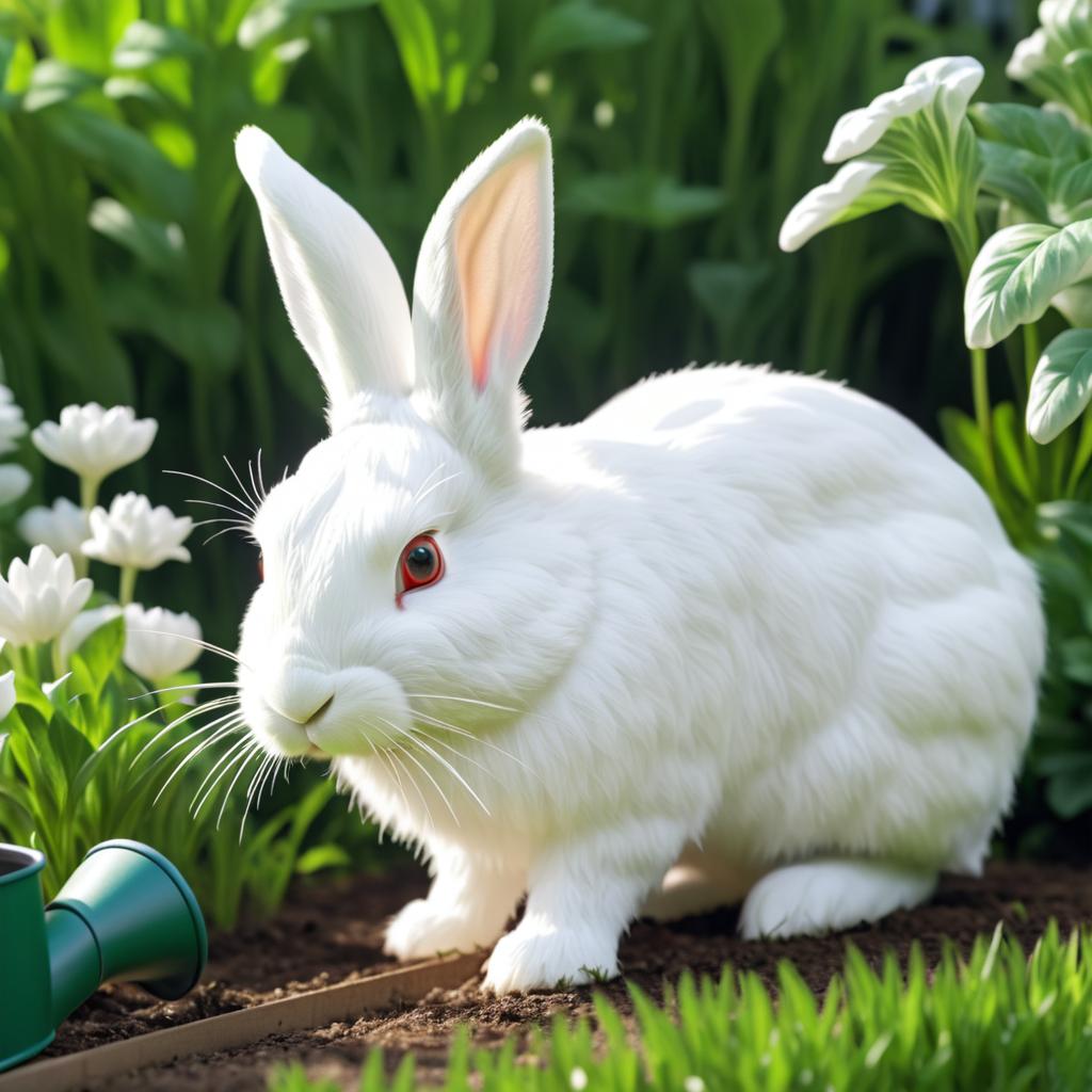 Realistic White Rabbit Gardening Portrait