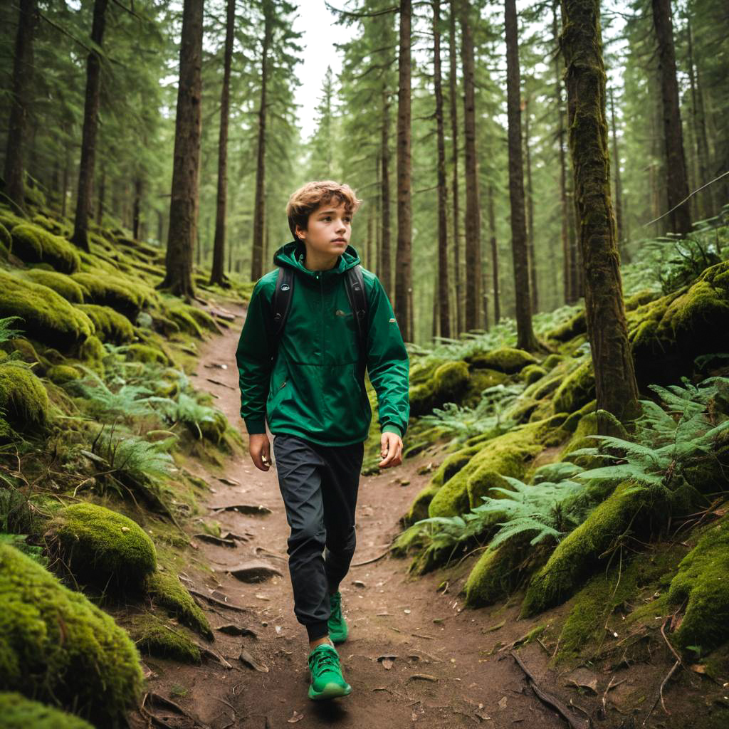 Teenage Boy Hiking in Forest Green Sneakers