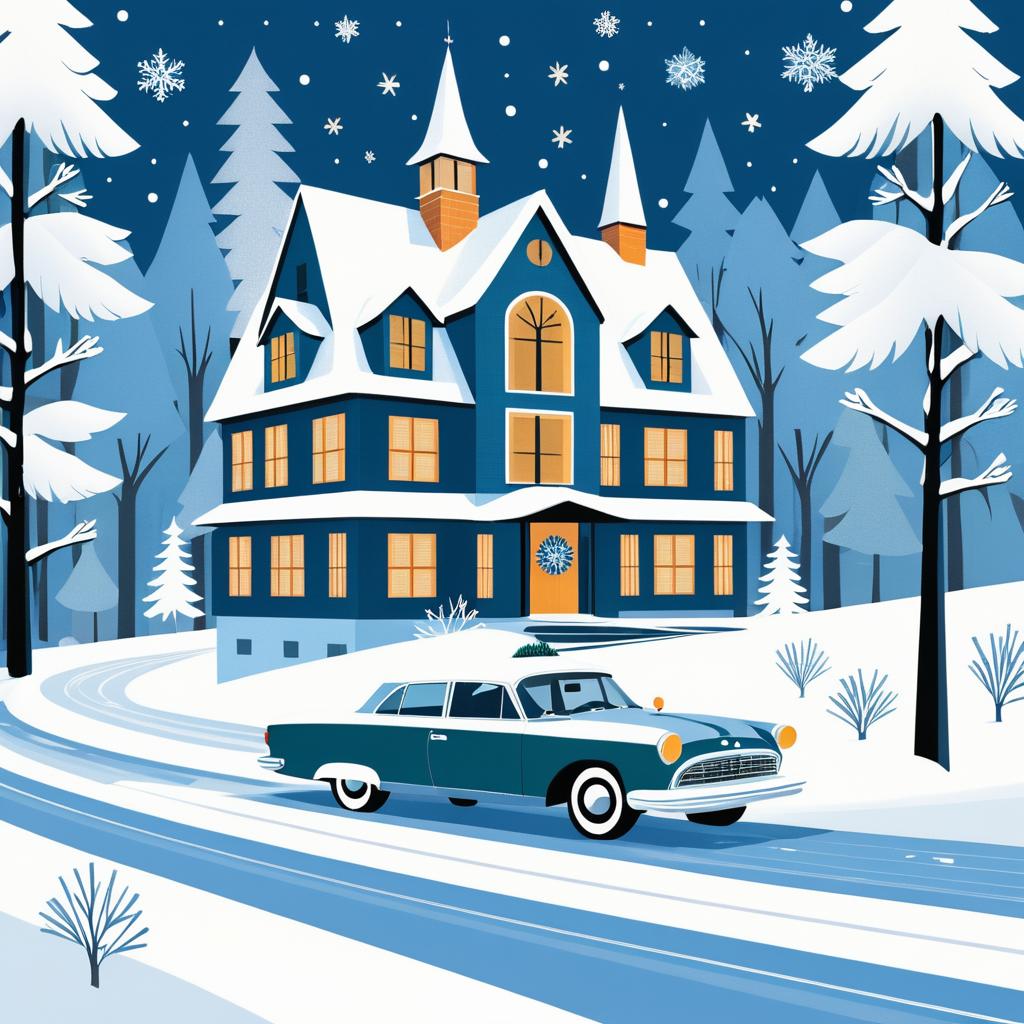 Charming Winter Drive in Folk Art Style