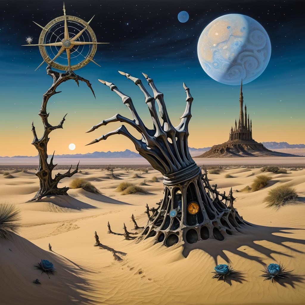 Surreal Desert with Skeletal Hand and Rose