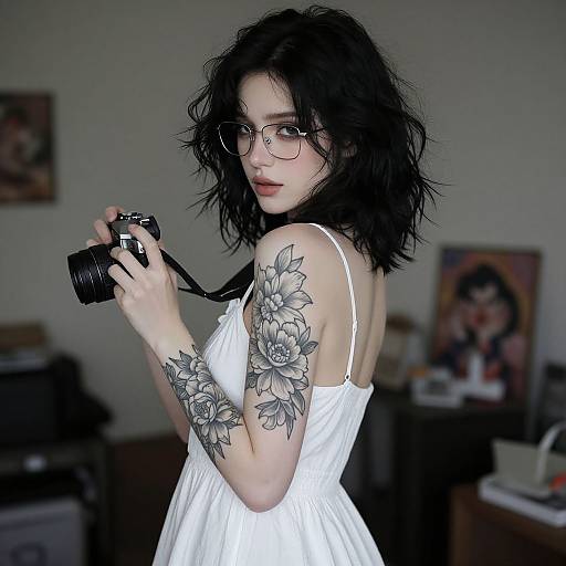 Photograph of a pale-skinned, dark-haired woman with glasses, floral tattoos, and white dress, holding a camera in a dimly lit room
