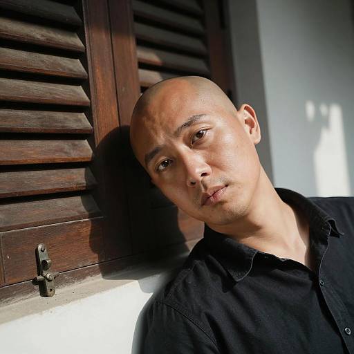 Intense Gaze: Bald Man in Shadows