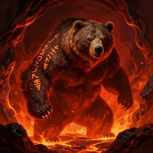 Digital art of a fierce, glowing-eyed bear with runes on its fur, emerging from a fiery, lava-filled cave.