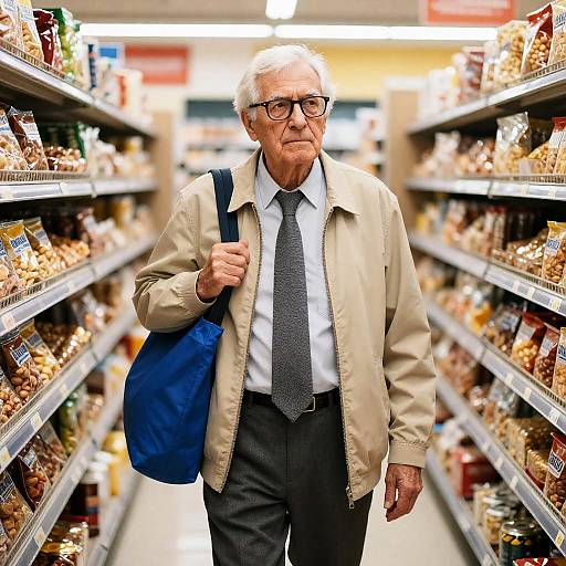Elderly Man in Grocery Aisle Scene
