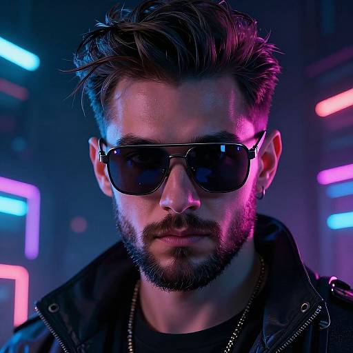 Photorealistic digital portrait of a bearded man with dark hair, wearing black sunglasses, leather jacket, and black shirt, illuminated by neon blue and
