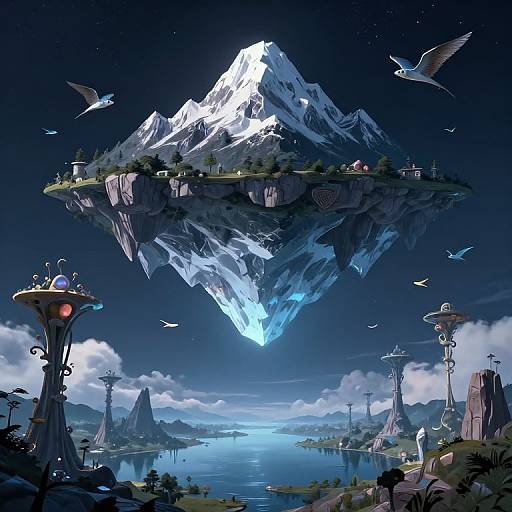 Fantasy digital artwork of a floating island with a glowing mountain, surrounded by blue waters, birds, and futuristic structures under a starry night sky.