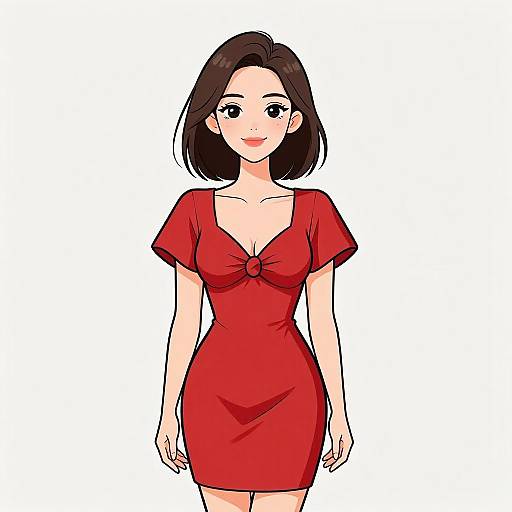 Digital anime-style drawing of a smiling woman with short black hair, wearing a red dress with a bow at the center, against a white background.
