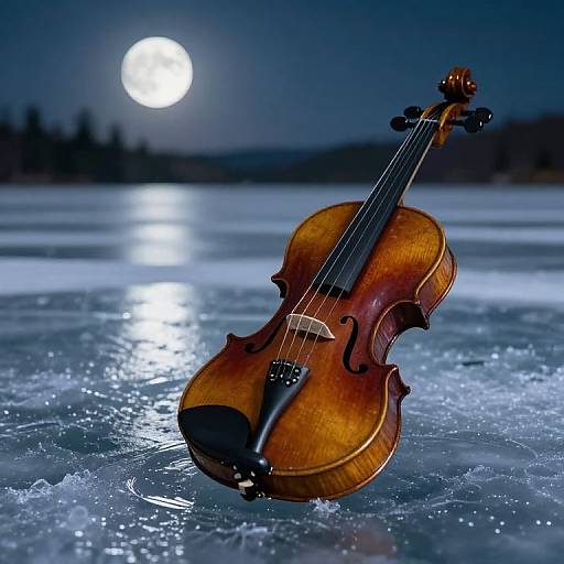 Photograph of a wooden violin standing on a frozen lake under a full moon, with a reflective, icy surface.