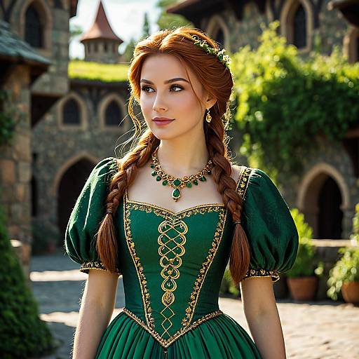 Woman in Green Medieval Dress with Gold Embroidery