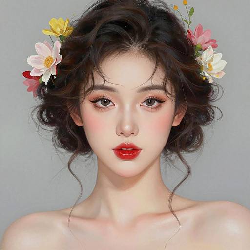 Digital portrait of an East Asian woman with wavy dark hair, adorned with colorful flowers, red lipstick, and soft, fair skin, against a light