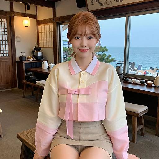 Photograph of a smiling Asian woman with light brown hair in a bun, wearing a pink and white button-up sweater and beige skirt, sitting in a
