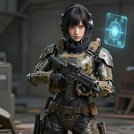 CGI image of a serious, black-haired woman in futuristic, armored military gear holding a rifle, with a glowing holographic display.