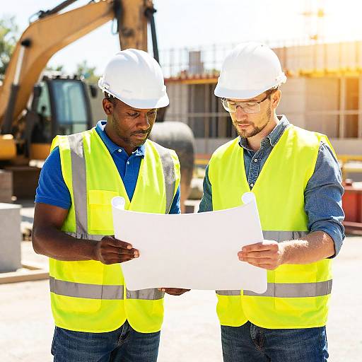 Two Construction Workers Reviewing Blueprint Outdoors